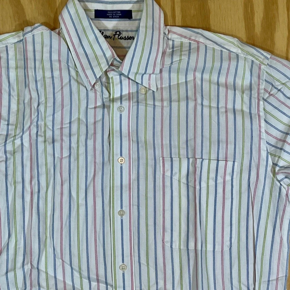 VTG Alan‎ Flusser Long Sleeve Button-Down Shirt White Pastel Stripes Mens Large